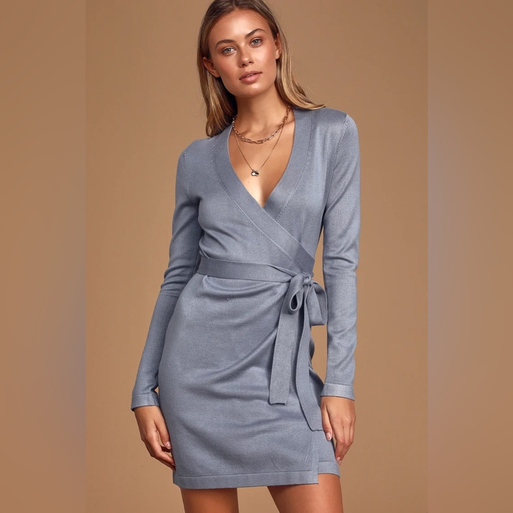 Lulu’s NWT Slate Blue Wrap Sweater Dress M
